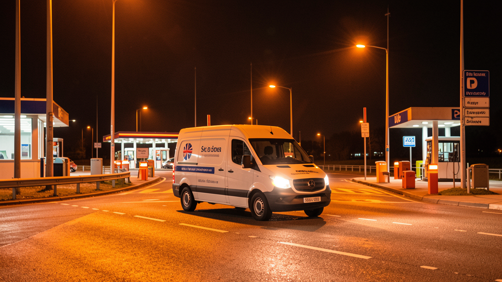 Van driving through an illuminated UK motorway toll area at night