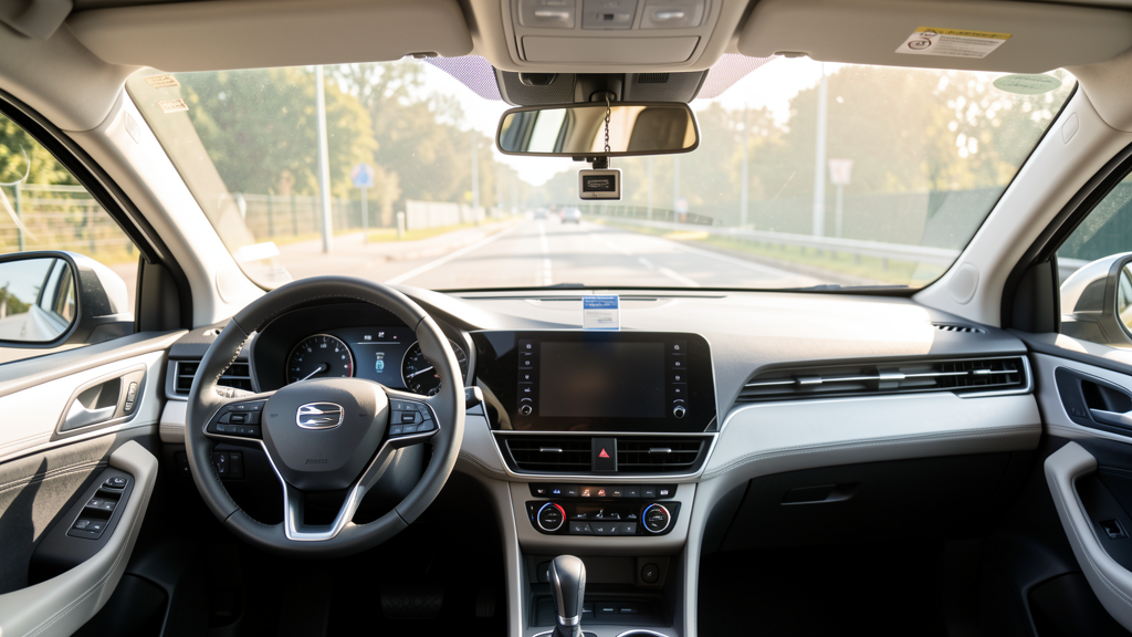 Dashboard with electronic toll device mounted on windscreen