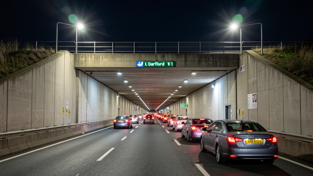 Dartford tunnel entrance with traffic and illuminated overhead lights at night