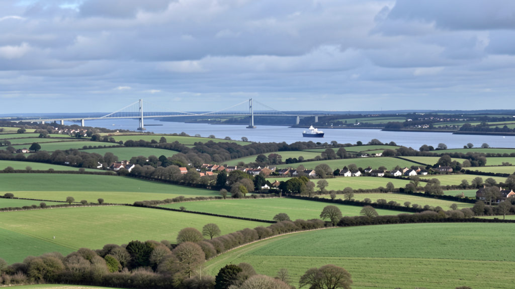 Kent countryside with QE2 bridge visible in the distance across the River Thames