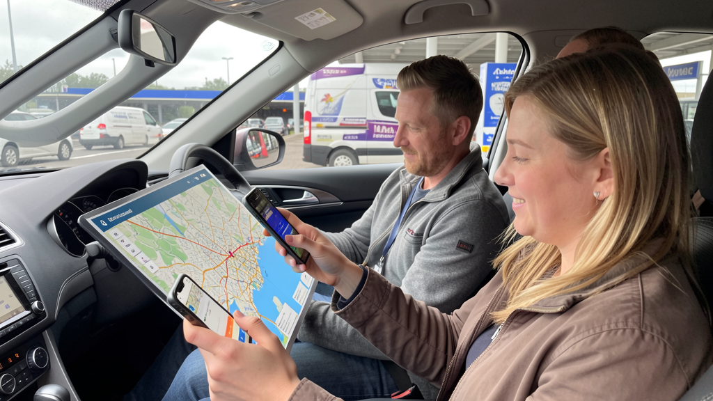 Family in car looking at Dartford Crossing route on phone at motorway services