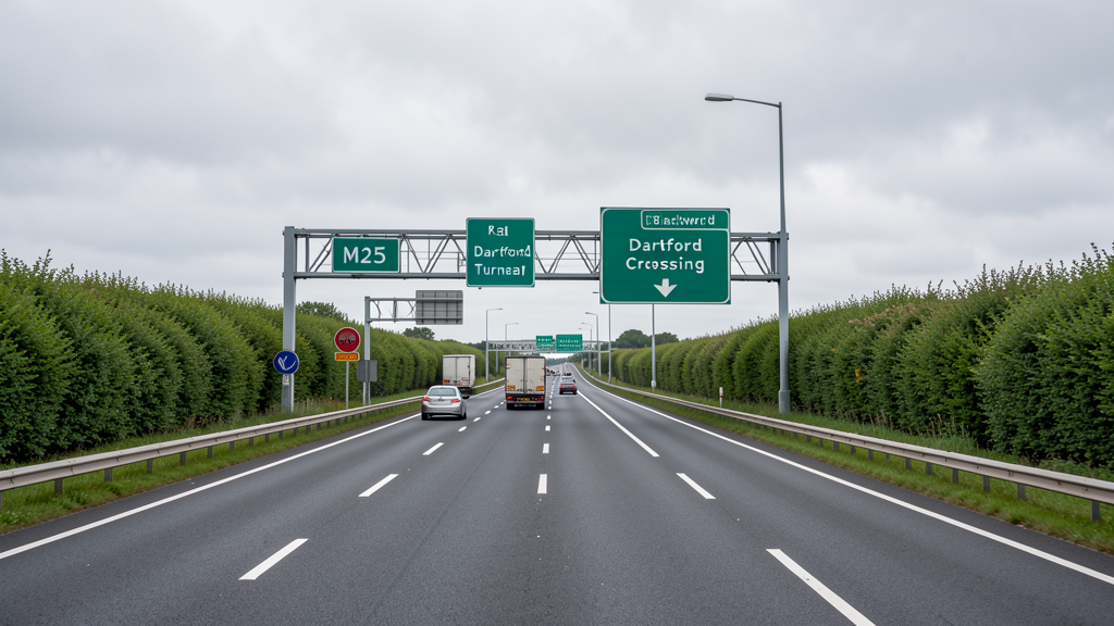 M25 motorway approaching Dartford Crossing in Kent, England